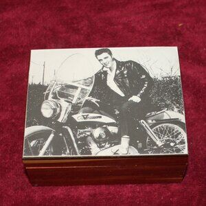 Small Wooden Memory Box with Black and White Photo of Elvis on Motorcycle
